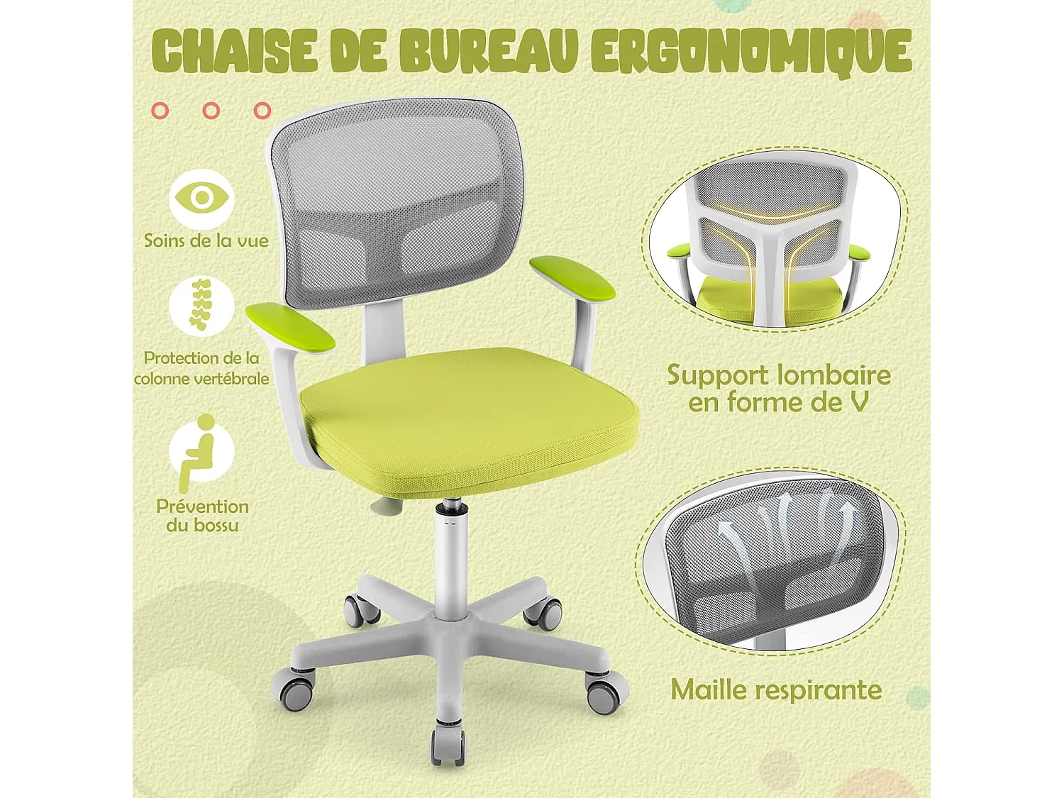 Chaise de Bureau Pivotante Enfants avec Hauteur Réglable 80-91,5cm, Siège à Roulettes Enfants Coussin Amovible, Verrouillage Automatique, 3-10 Ans, Vert