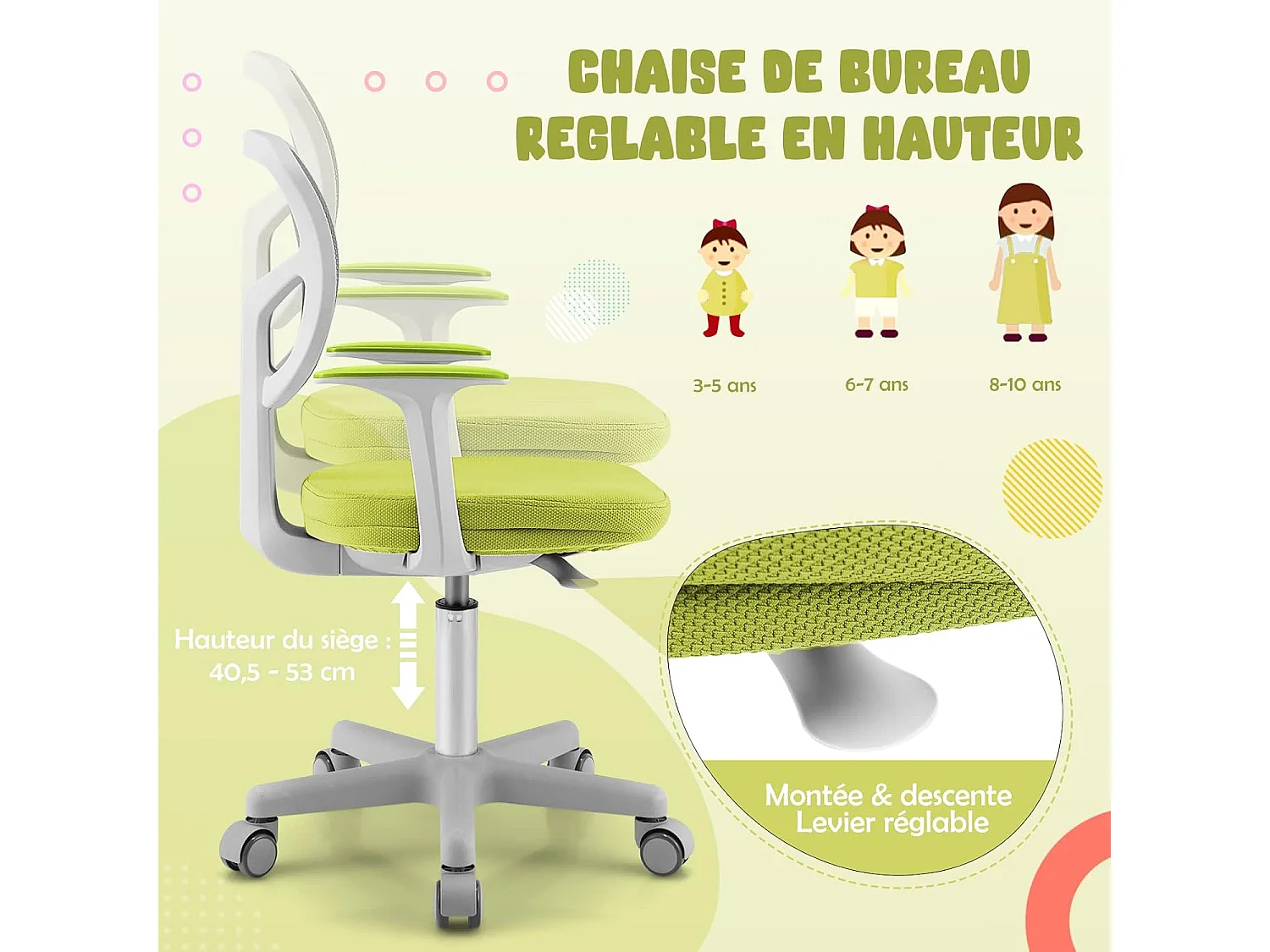 Chaise de Bureau Pivotante Enfants avec Hauteur Réglable 80-91,5cm, Siège à Roulettes Enfants Coussin Amovible, Verrouillage Automatique, 3-10 Ans, Vert