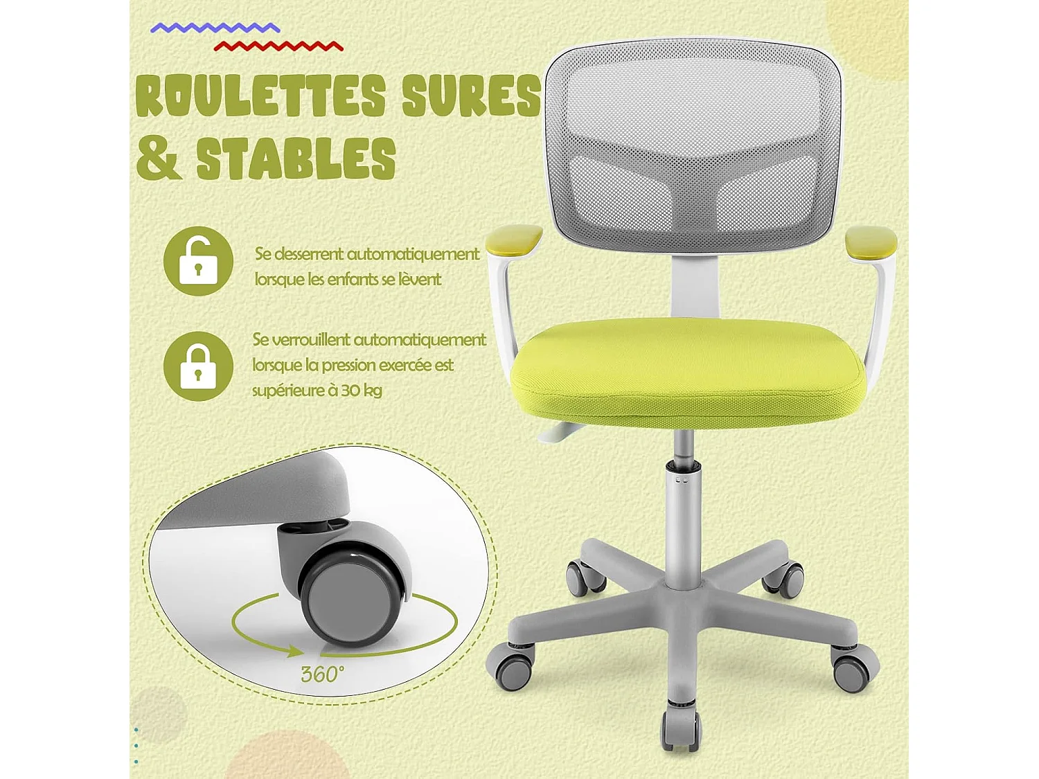 Chaise de Bureau Pivotante Enfants avec Hauteur Réglable 80-91,5cm, Siège à Roulettes Enfants Coussin Amovible, Verrouillage Automatique, 3-10 Ans, Vert