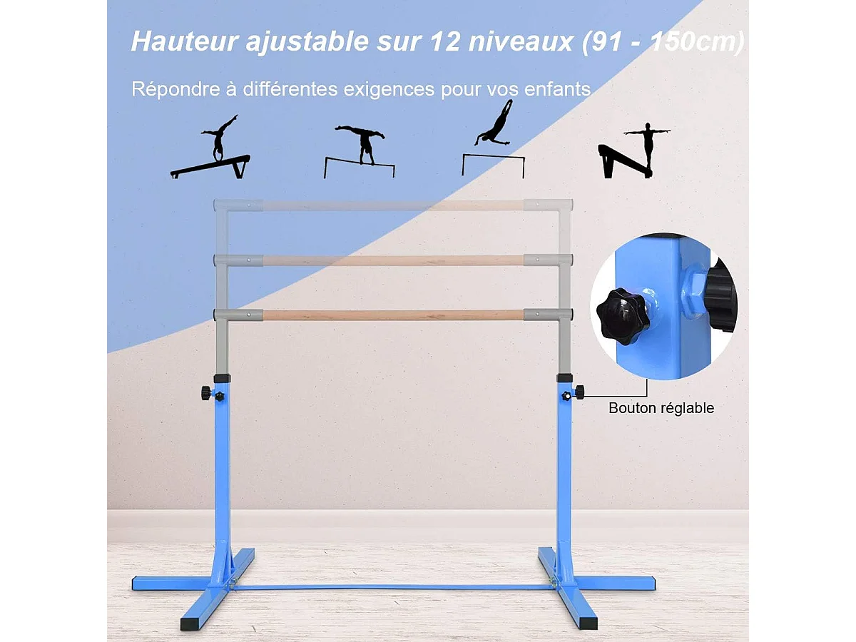 Gymnastiekstang in hoogte verstelbaar staal 91-150 cm Draagvermogen 100 kg voor school, thuis, tuin Diameter 4 cm roze