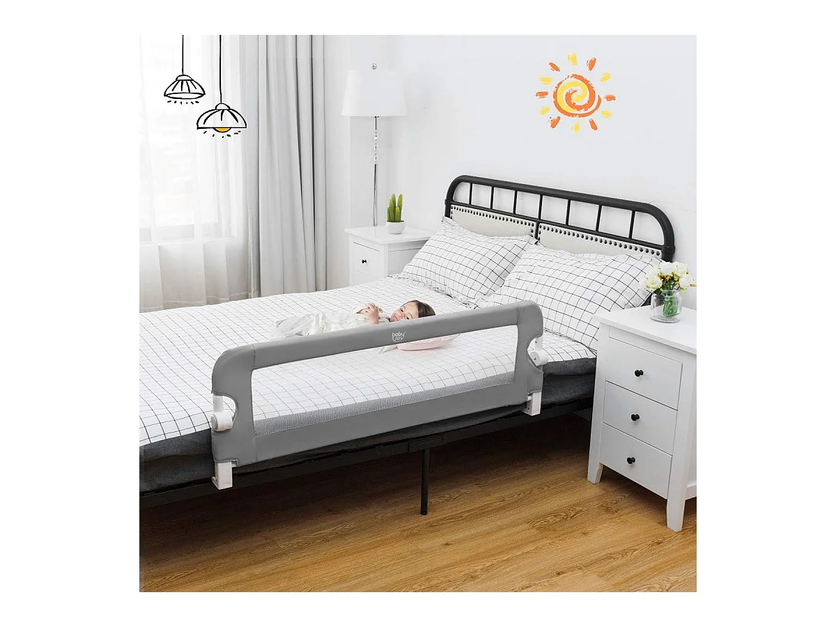 Barrière de Lit Pliable pour Bébé/Enfant Barre de Lit Rabattable avec Mousse Souple, Trous Pré-Percés Barrière de Protection Bébé Chambre à Coucher (Gris, 121 x 42 CM)