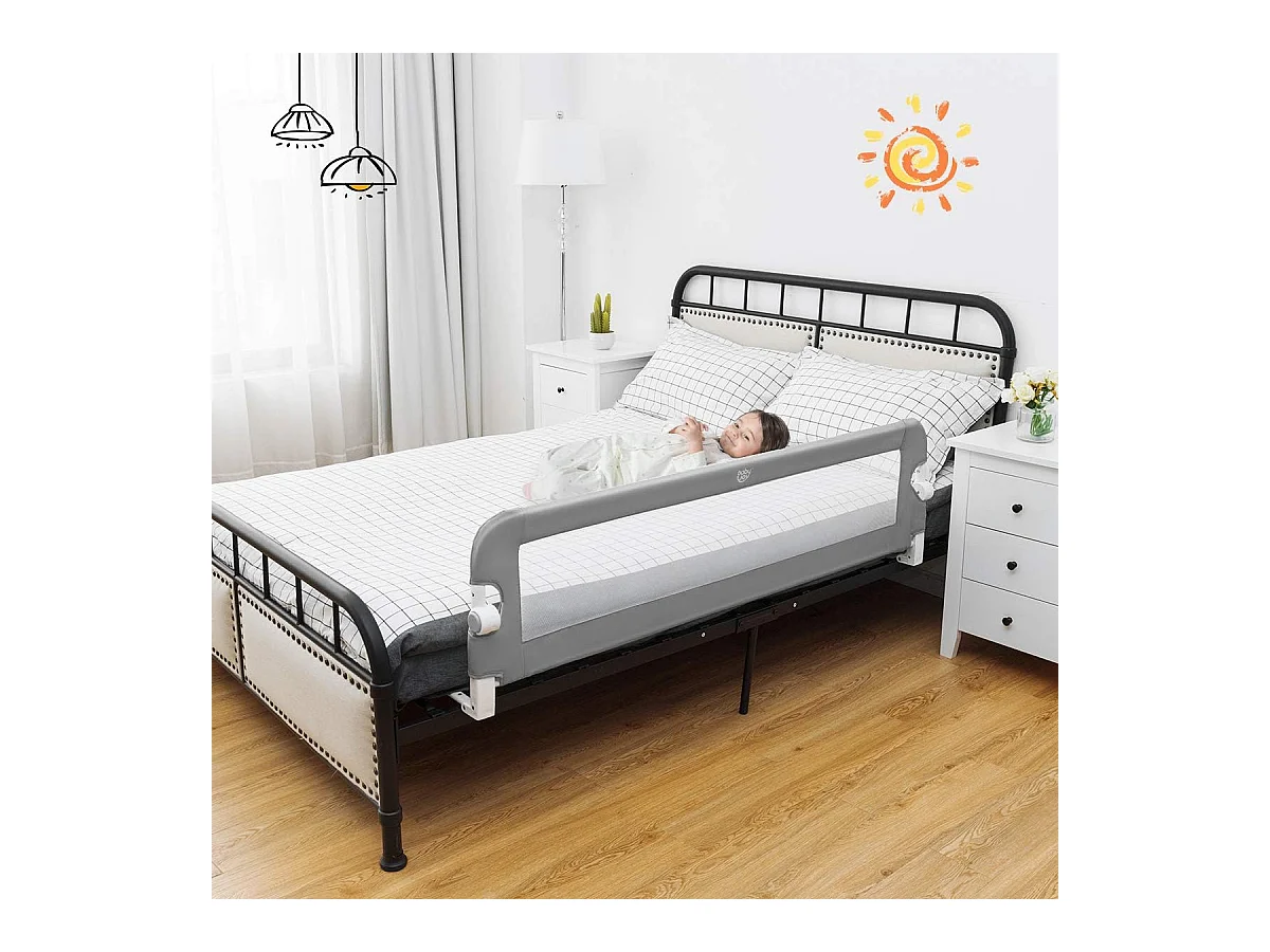 Barrière de Lit Pliable pour Bébé/Enfant Barre de Lit Rabattable avec Mousse Souple, Trous Pré-Percés Barrière de Protection Bébé Chambre à Coucher (Gris, 150 x 42 CM)