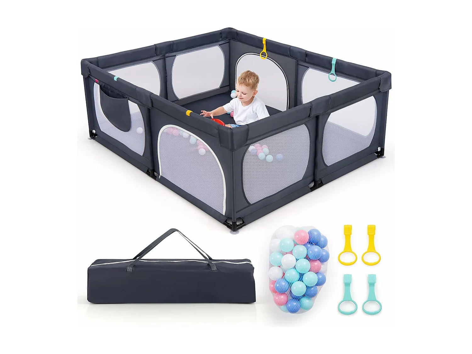 Grand Parc Bébé avec 50 Balles Océaniques, avec 4 Anneaux à Main, Centre d'Activités pour Bébé avec Maille Respirante, 189 x 158 x 68 CM (Gris Foncé)