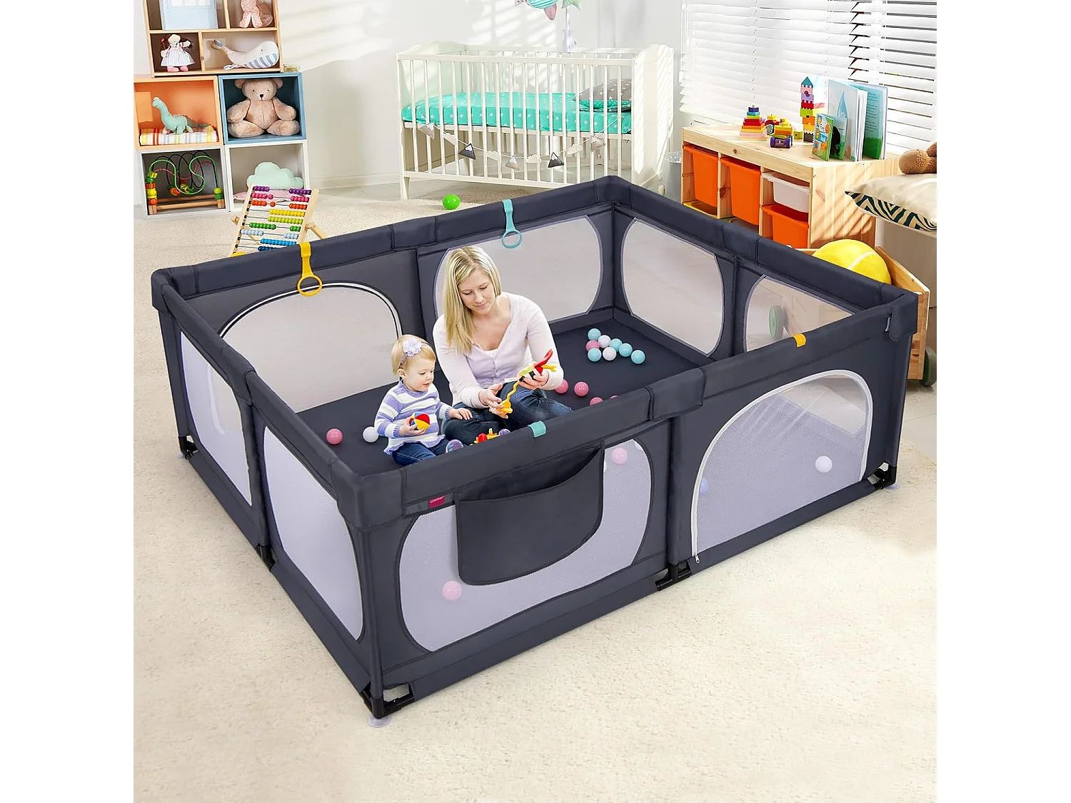 Grand Parc Bébé avec 50 Balles Océaniques, avec 4 Anneaux à Main, Centre d'Activités pour Bébé avec Maille Respirante, 189 x 158 x 68 CM (Gris Foncé)