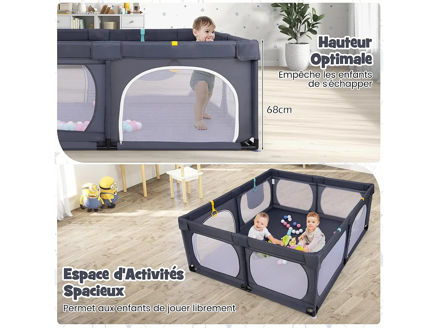 Grand Parc Bébé avec 50 Balles Océaniques, avec 4 Anneaux à Main, Centre d'Activités pour Bébé avec Maille Respirante, 189 x 158 x 68 CM (Gris Foncé)