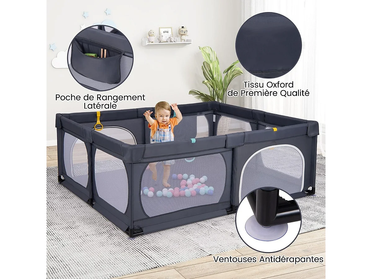 Grand Parc Bébé avec 50 Balles Océaniques, avec 4 Anneaux à Main, Centre d'Activités pour Bébé avec Maille Respirante, 189 x 158 x 68 CM (Gris Foncé)