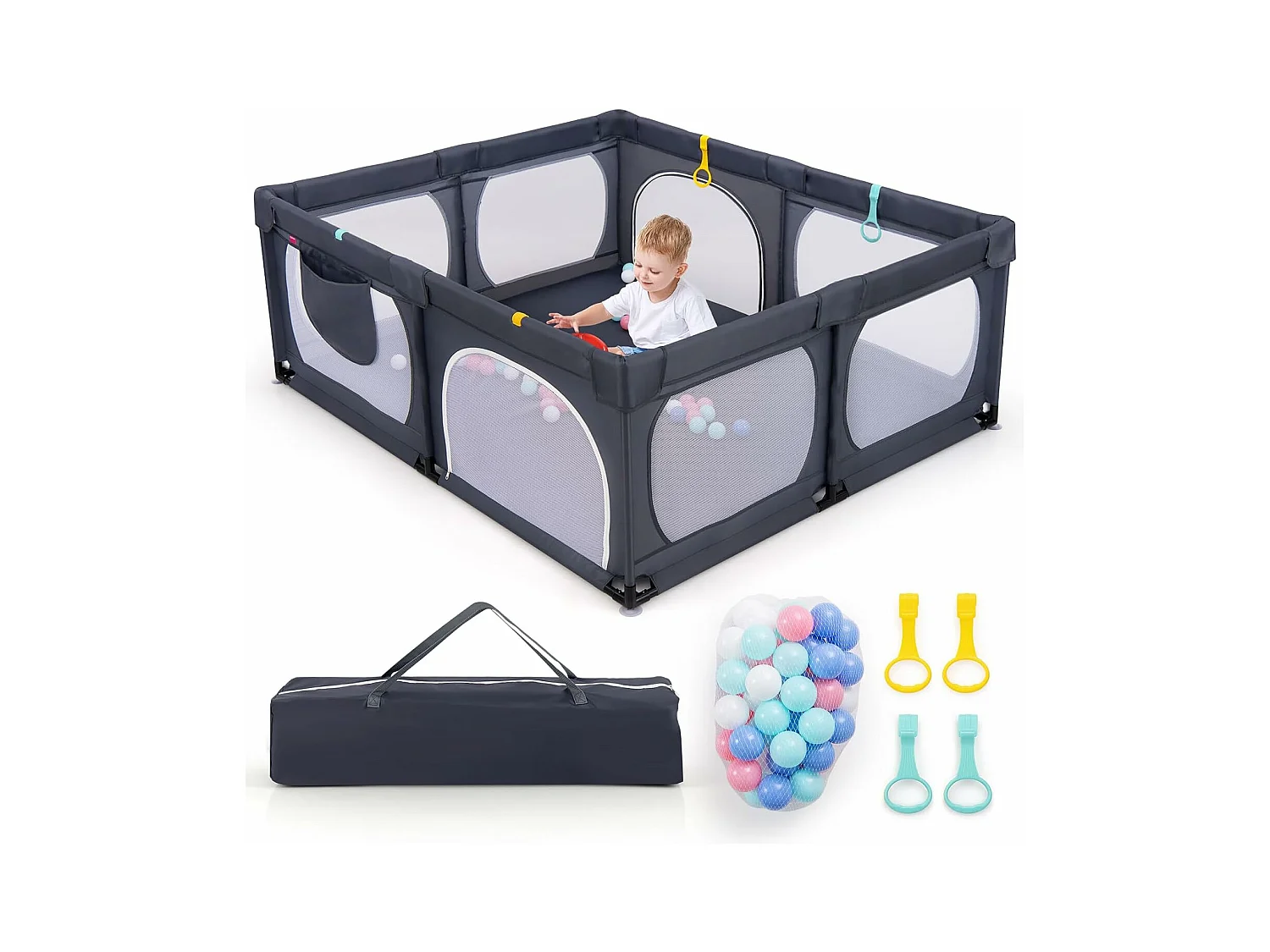 Grand Parc Bébé avec 50 Balles Océaniques, avec 4 Anneaux à Main, Centre d'Activités pour Bébé avec Maille Respirante, 189 x 158 x 68 CM (Gris Foncé)