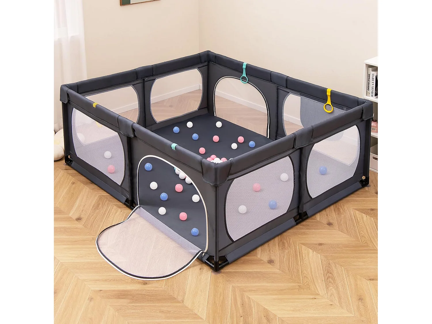 Grand Parc Bébé avec 50 Balles Océaniques, avec 4 Anneaux à Main, Centre d'Activités pour Bébé avec Maille Respirante, 189 x 158 x 68 CM (Gris Foncé)