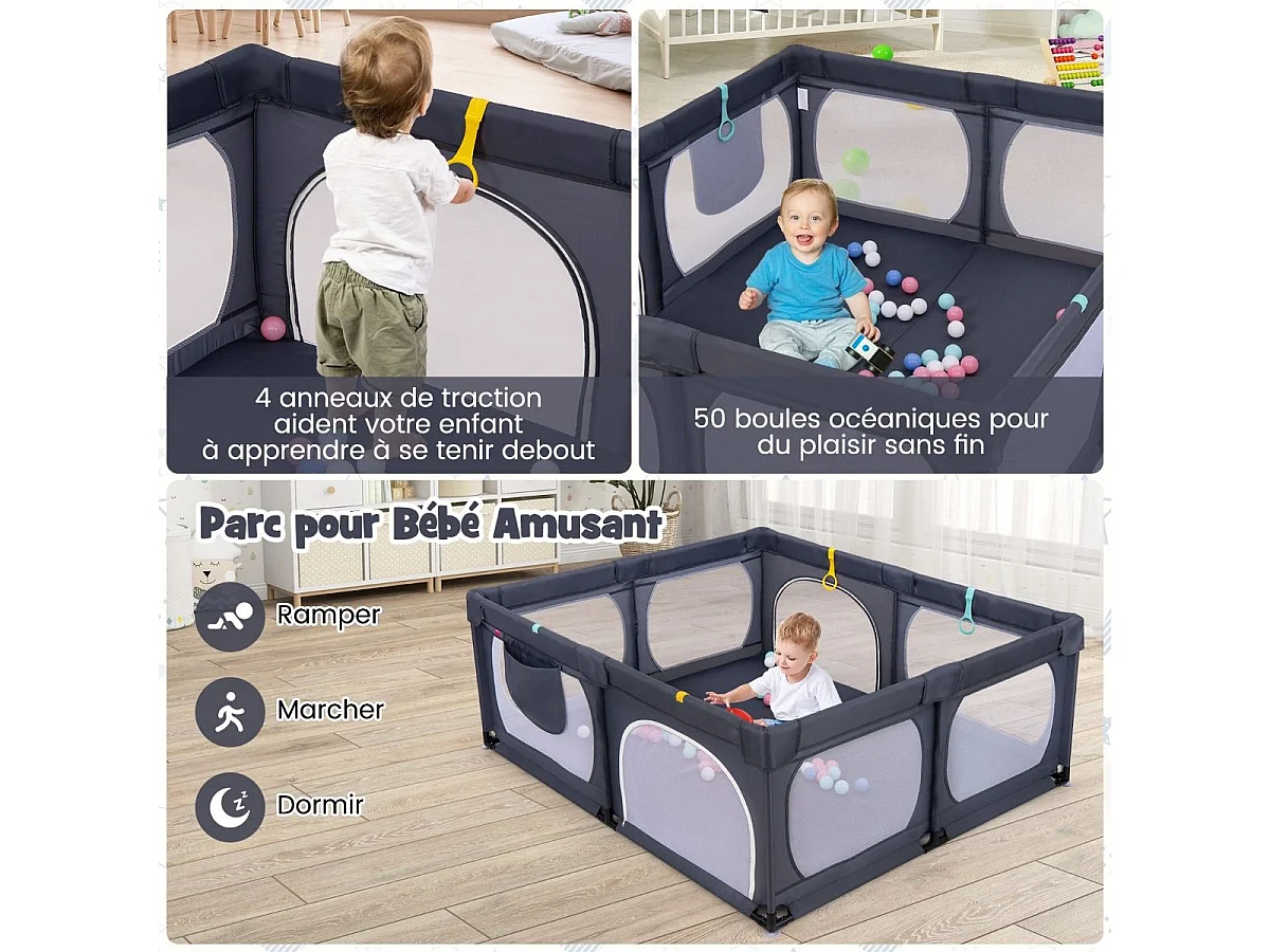 Grand Parc Bébé avec 50 Balles Océaniques, avec 4 Anneaux à Main, Centre d'Activités pour Bébé avec Maille Respirante, 189 x 158 x 68 CM (Gris Foncé)