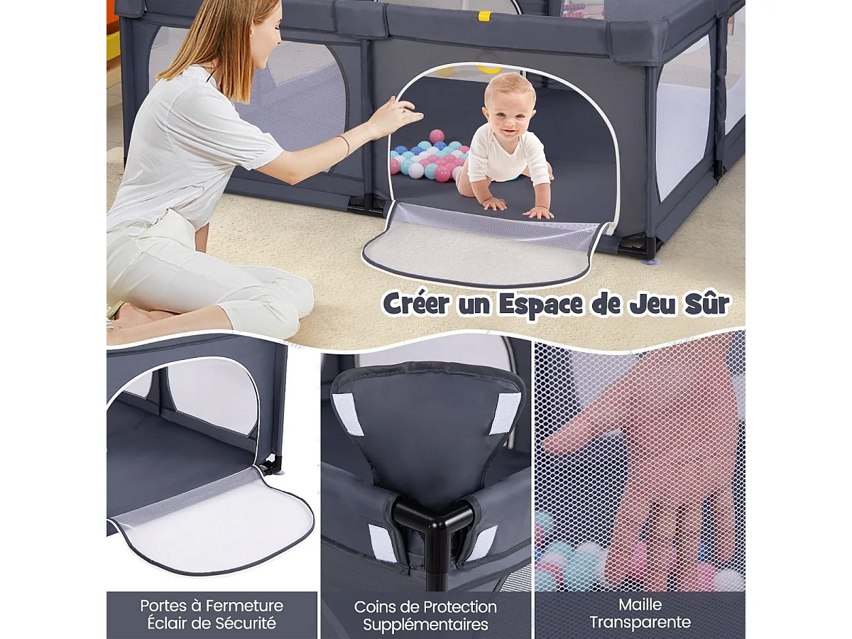 Grand Parc Bébé avec 50 Balles Océaniques, avec 4 Anneaux à Main, Centre d'Activités pour Bébé avec Maille Respirante, 189 x 158 x 68 CM (Gris Foncé)