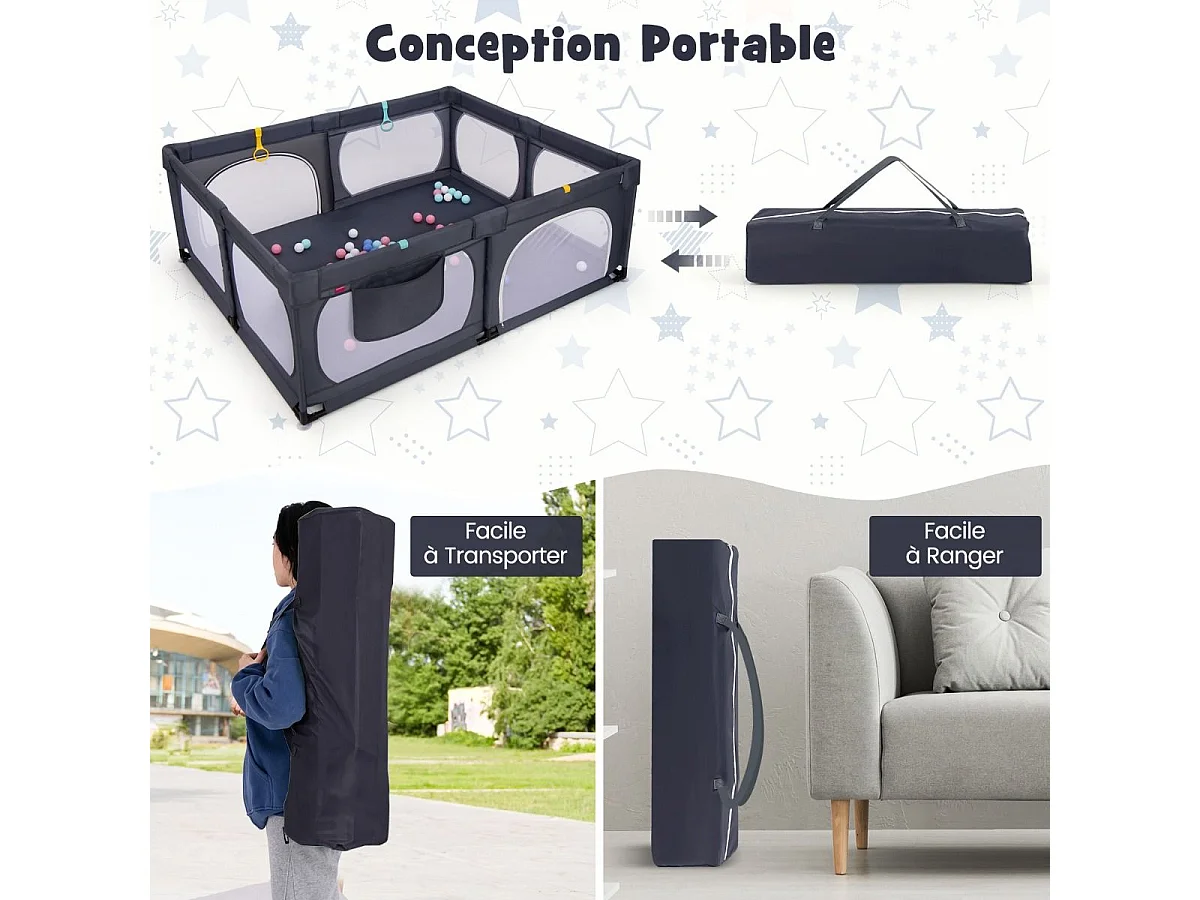 Grand Parc Bébé avec 50 Balles Océaniques, avec 4 Anneaux à Main, Centre d'Activités pour Bébé avec Maille Respirante, 189 x 158 x 68 CM (Gris Foncé)