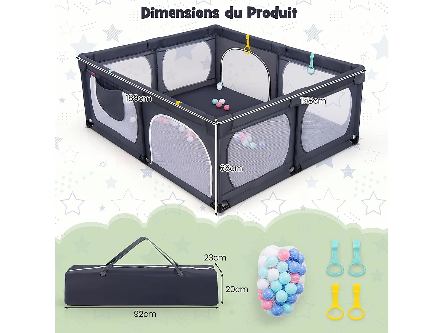 Grand Parc Bébé avec 50 Balles Océaniques, avec 4 Anneaux à Main, Centre d'Activités pour Bébé avec Maille Respirante, 189 x 158 x 68 CM (Gris Foncé)