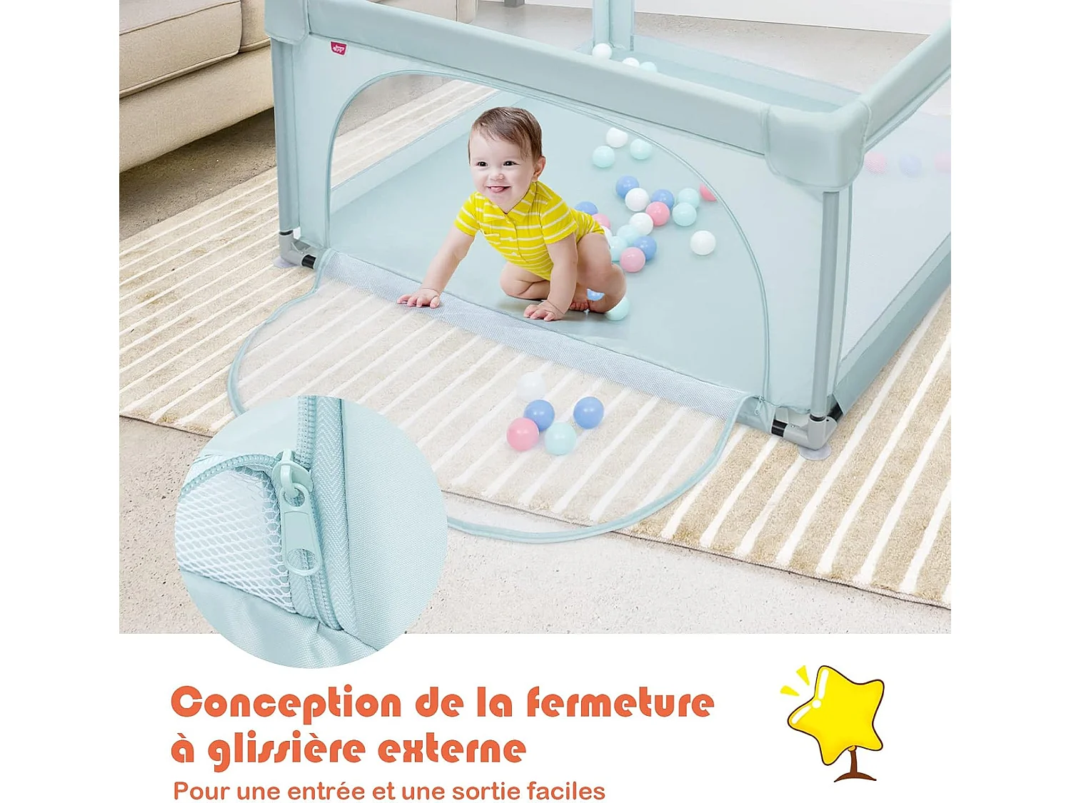 Parc Bébé Portable aevc 50 Boules Colorées Barrière de Sécurité de Enfants, Pieds Antidérapantes Bleu