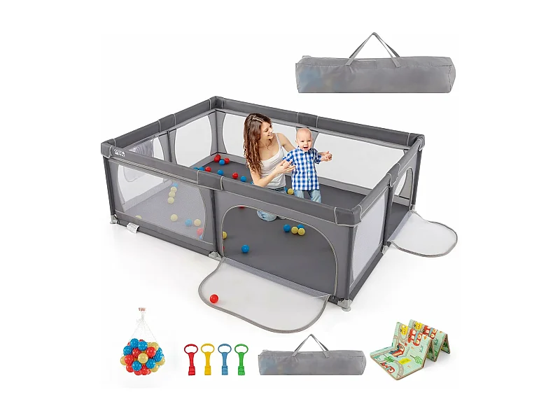 Babybox met 50 Ocean Balls, met ademend gaas, activiteitencentrum met antislipbodem en ritsdeur, 206×147×68,5 cm (donkergrijs)