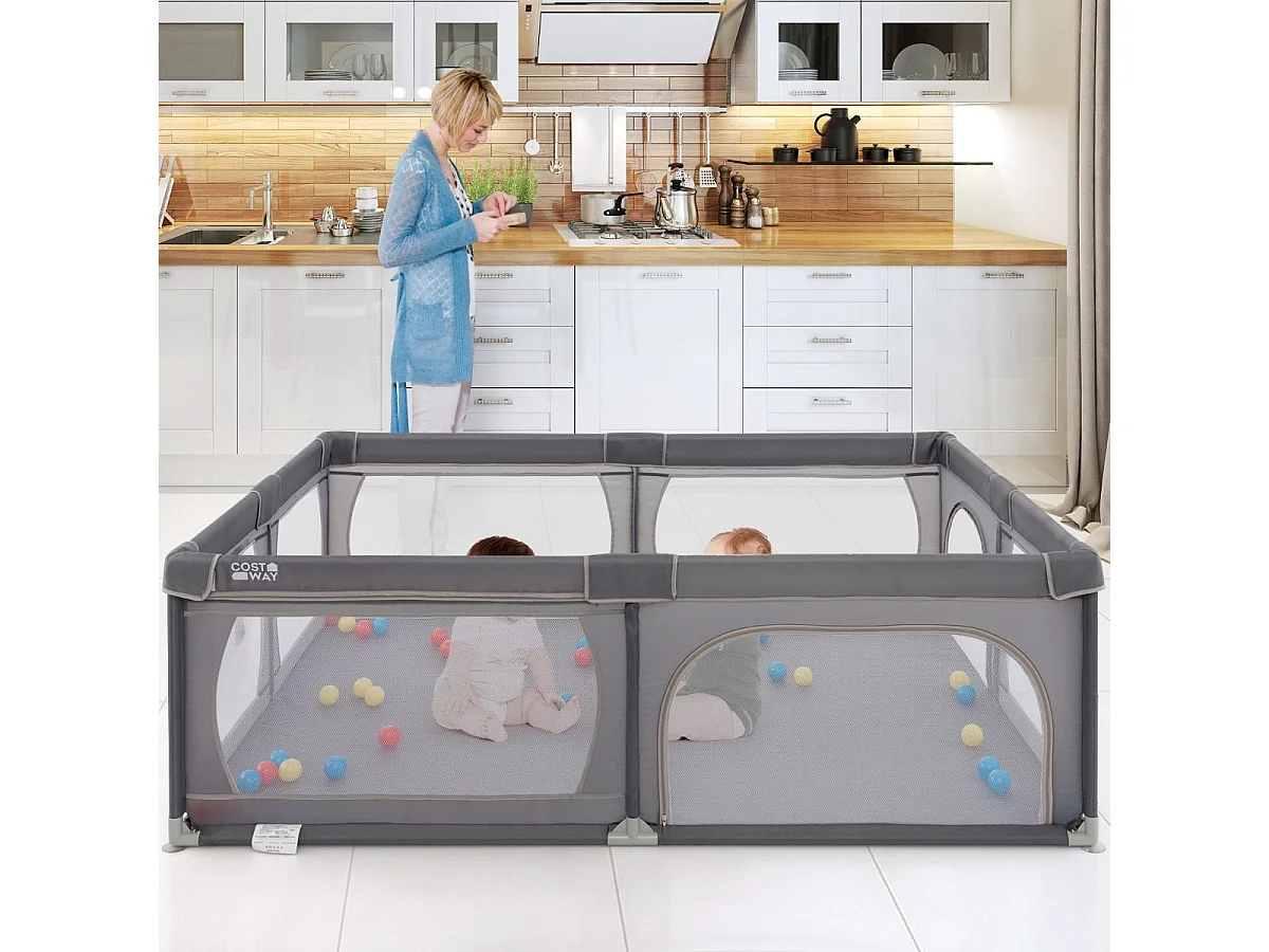 Parc pour Bébé avec 50 Balles Océaniques, Centre d'Activités avec Base Antidérapante, Maille Respirante, Porte à Fermeture Eclair, 206×147×68,5CM (Gris foncé)