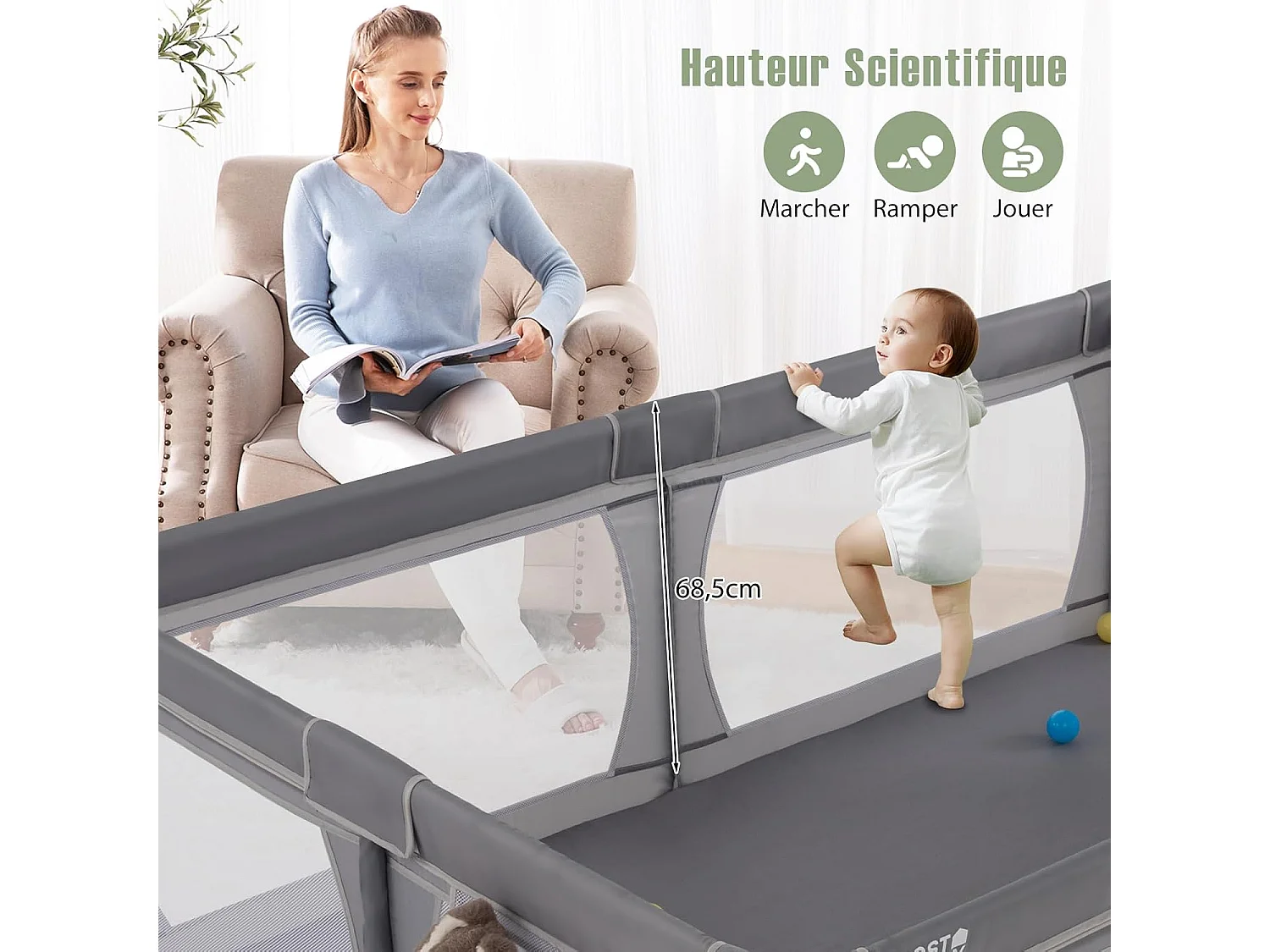 Parc pour Bébé avec 50 Balles Océaniques, Centre d'Activités avec Base Antidérapante, Maille Respirante, Porte à Fermeture Eclair, 206×147×68,5CM (Gris foncé)