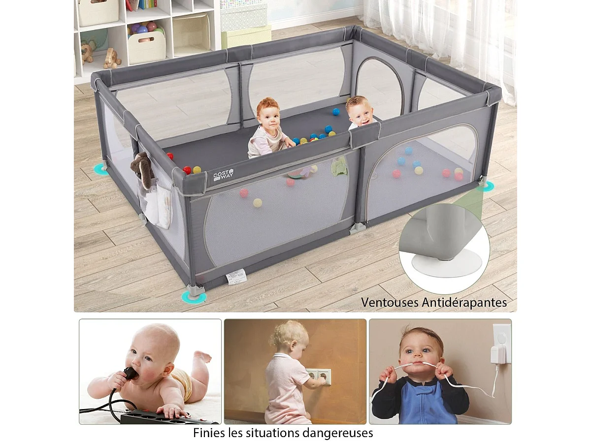 Parc pour Bébé avec 50 Balles Océaniques, Centre d'Activités avec Base Antidérapante, Maille Respirante, Porte à Fermeture Eclair, 206×147×68,5CM (Gris foncé)