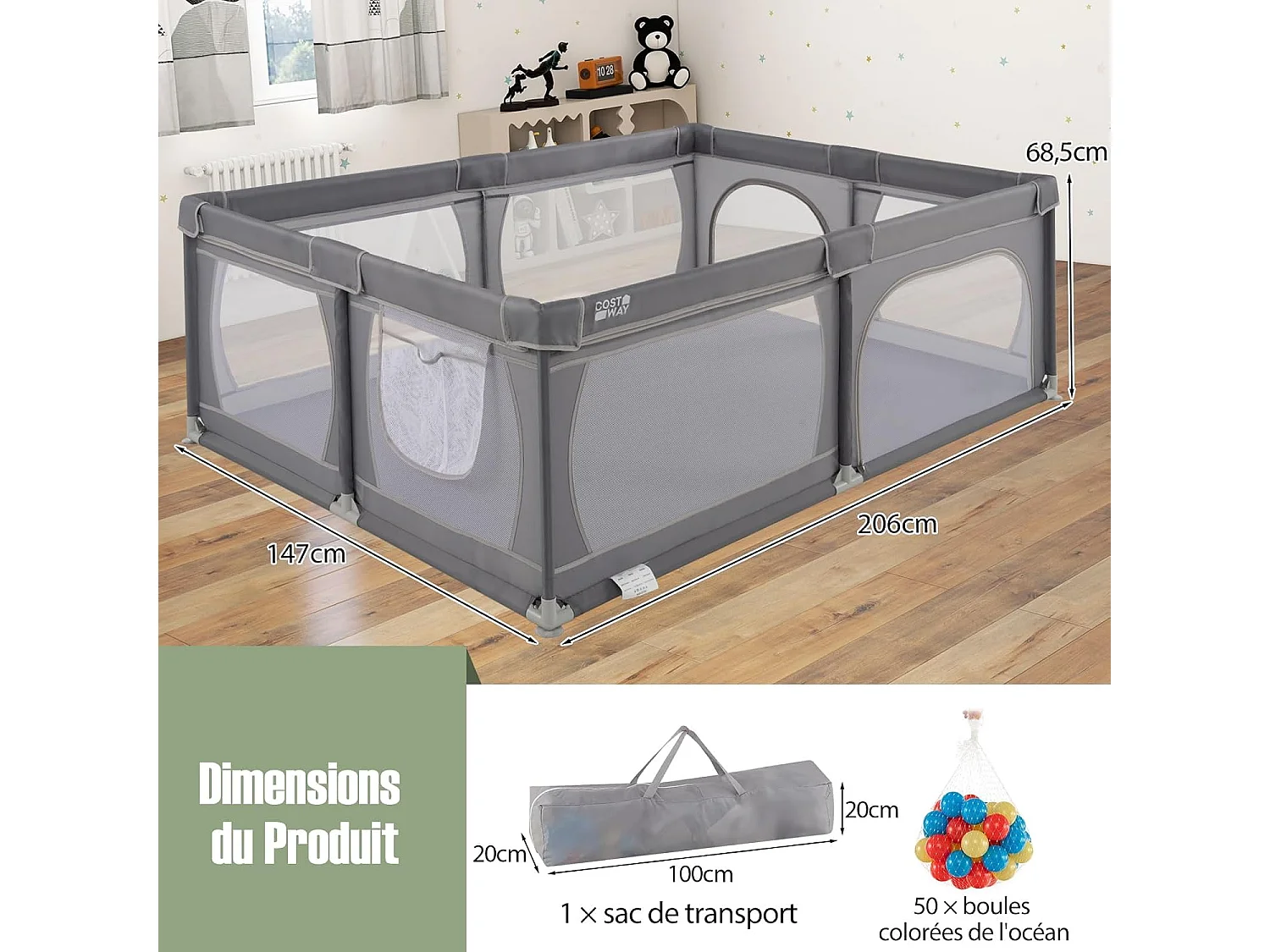 Parc pour Bébé avec 50 Balles Océaniques, Centre d'Activités avec Base Antidérapante, Maille Respirante, Porte à Fermeture Eclair, 206×147×68,5CM (Gris foncé)