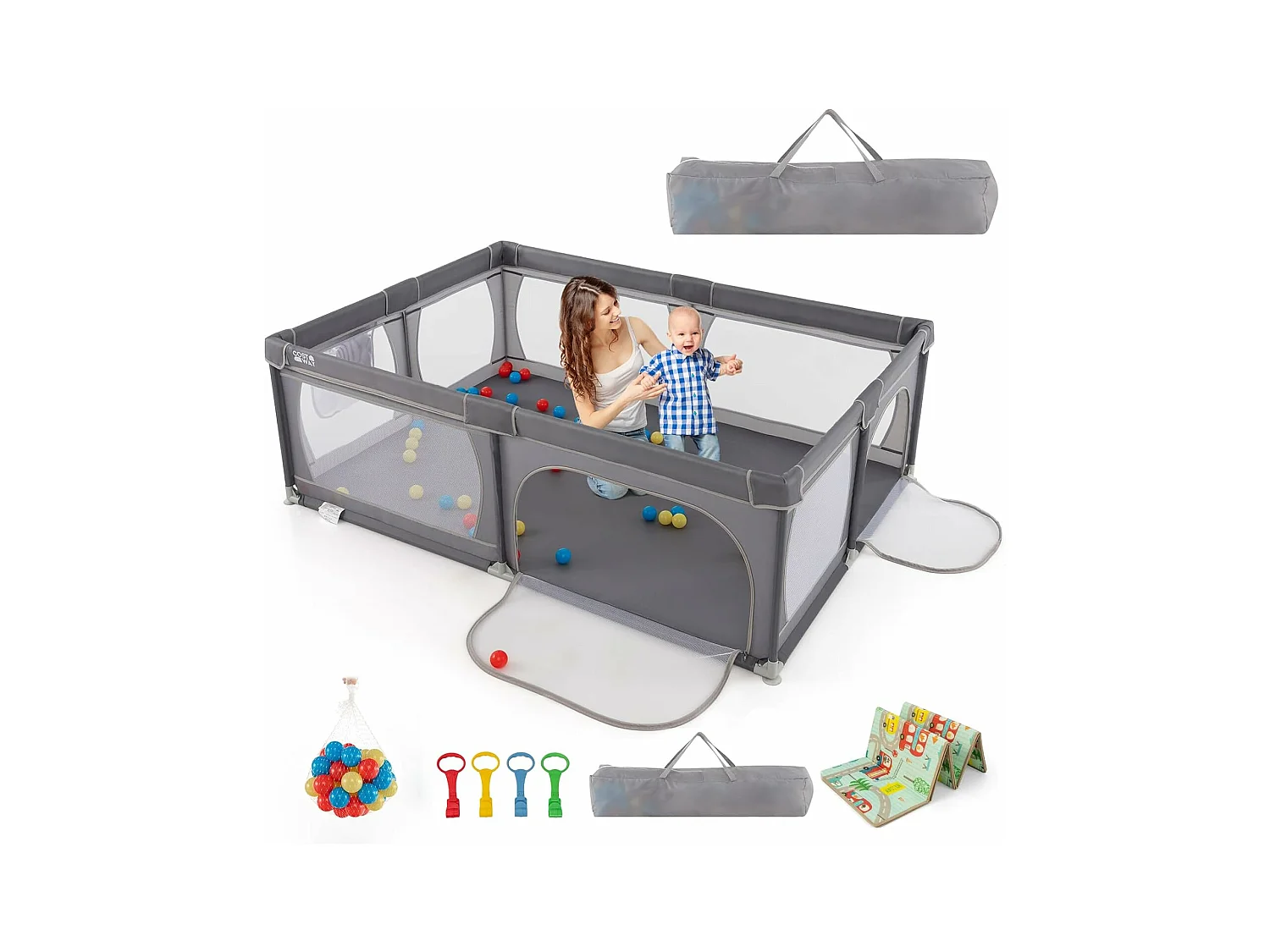 Parc pour Bébé avec 50 Balles Océaniques, Centre d'Activités avec Base Antidérapante, Maille Respirante, Porte à Fermeture Eclair, 206×147×68,5CM (Gris foncé)