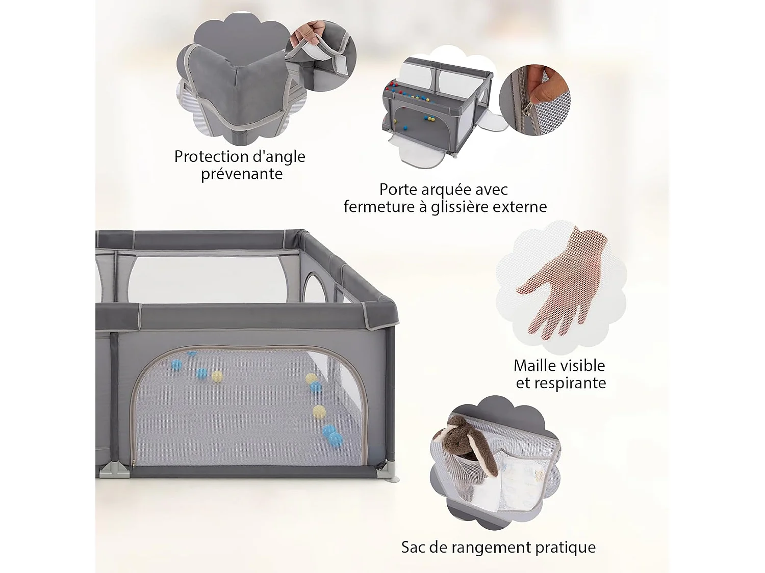 Parc pour Bébé avec 50 Balles Océaniques, Centre d'Activités avec Base Antidérapante, Maille Respirante, Porte à Fermeture Eclair, 206×147×68,5CM (Gris foncé)