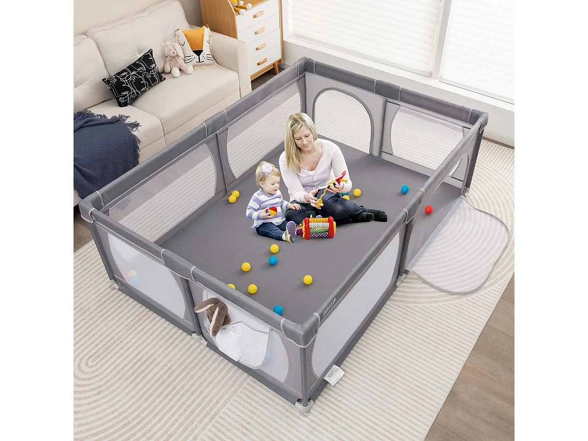 Parc pour Bébé avec 50 Balles Océaniques, Centre d'Activités avec Base Antidérapante, Maille Respirante, Porte à Fermeture Eclair, 206×147×68,5CM (Gris foncé)