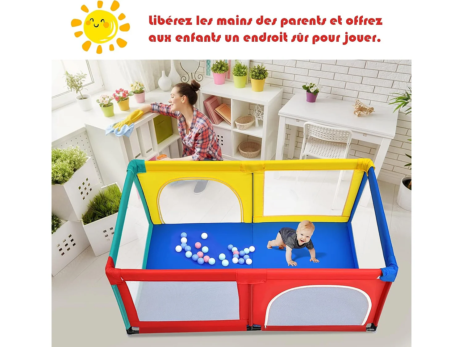 Parc Bébé Portable aevc 50 Boules Colorées 122 x 192 x 69 CM Barrière de Sécurité de Enfants, Pieds Antidérapantes