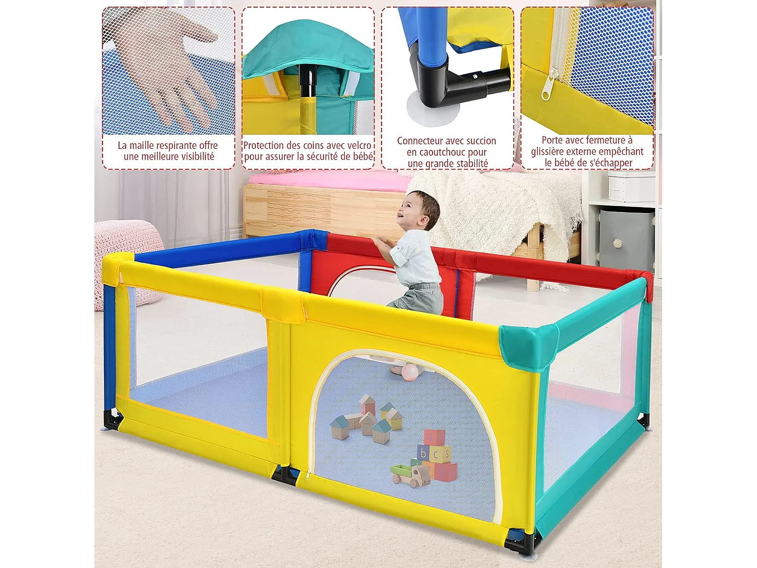 Parc Bébé Portable aevc 50 Boules Colorées 122 x 192 x 69 CM Barrière de Sécurité de Enfants, Pieds Antidérapantes