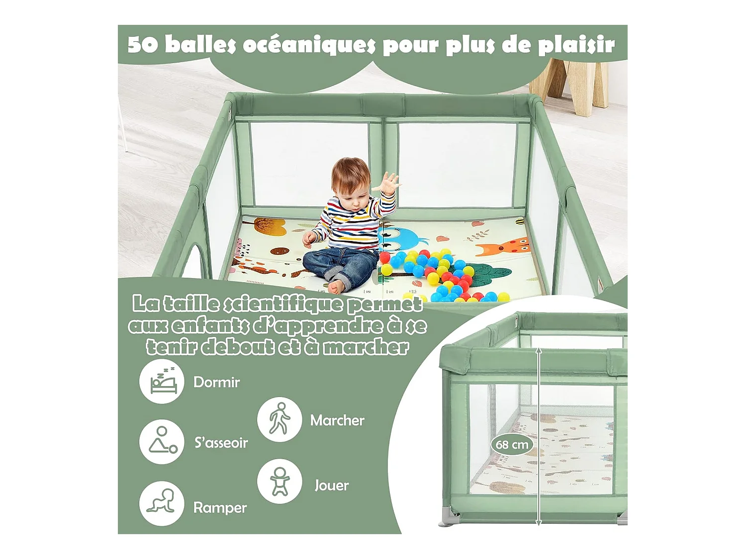 Parc Bébé en Tissu avec Tapis Antidérapant, Centre d'Activité Enfants avec Maille Respirante, 50 Boules, Sac de Transport Intérieur Extérieur pour Bébé 0-3 Ans Vert