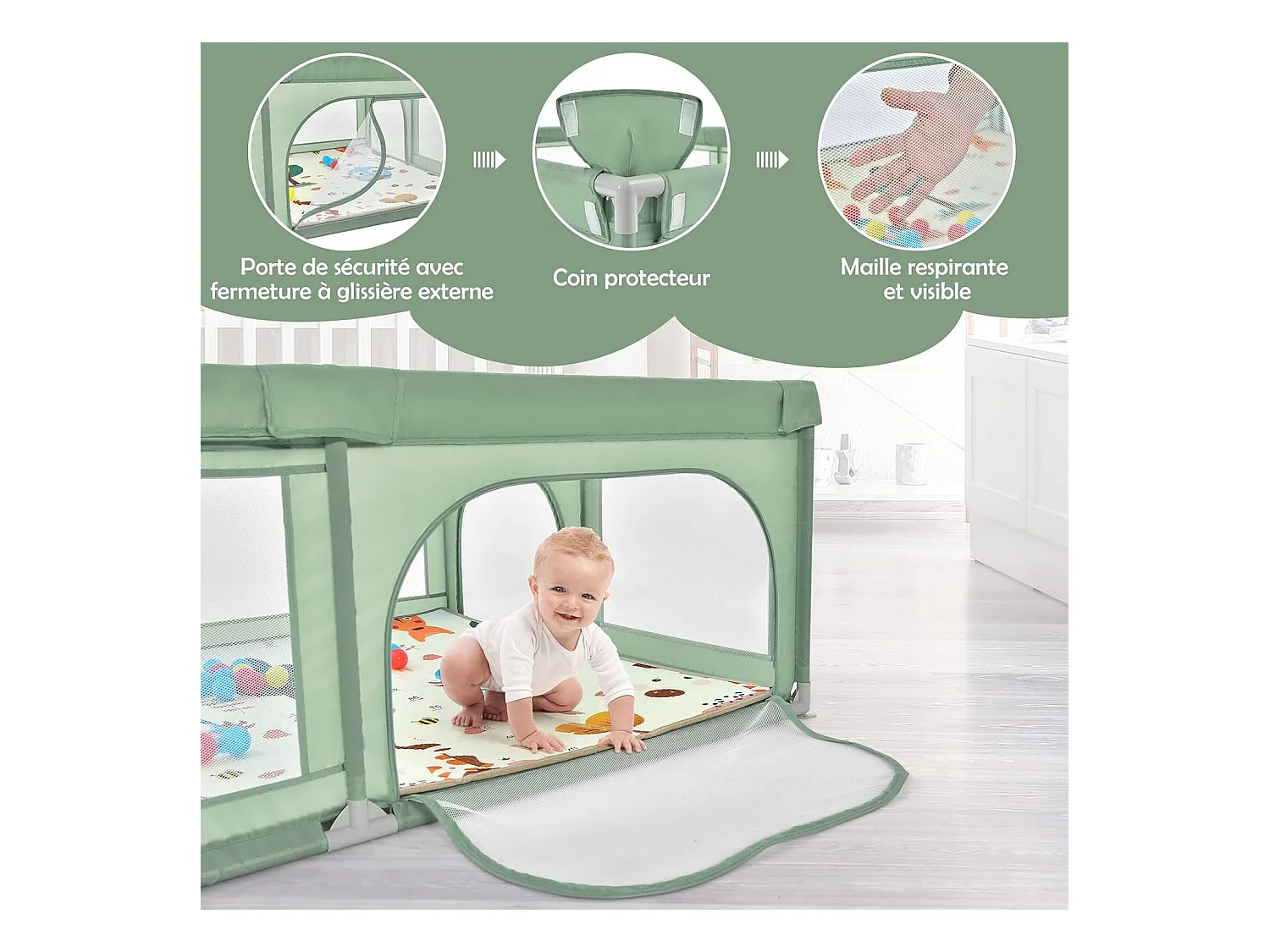 Parc Bébé en Tissu avec Tapis Antidérapant, Centre d'Activité Enfants avec Maille Respirante, 50 Boules, Sac de Transport Intérieur Extérieur pour Bébé 0-3 Ans Vert