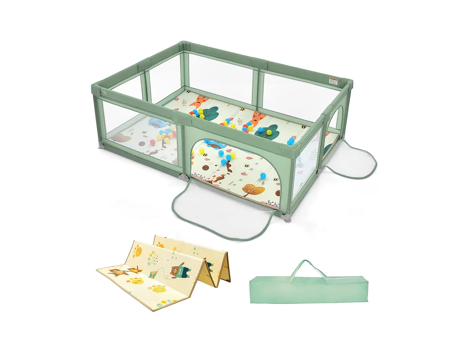 Parc Bébé en Tissu avec Tapis Antidérapant, Centre d'Activité Enfants avec Maille Respirante, 50 Boules, Sac de Transport Intérieur Extérieur pour Bébé 0-3 Ans Vert