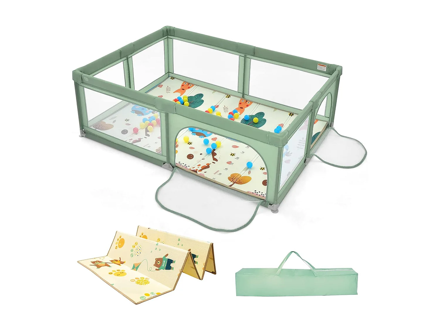 Parc Bébé en Tissu avec Tapis Antidérapant, Centre d'Activité Enfants avec Maille Respirante, 50 Boules, Sac de Transport Intérieur Extérieur pour Bébé 0-3 Ans Vert