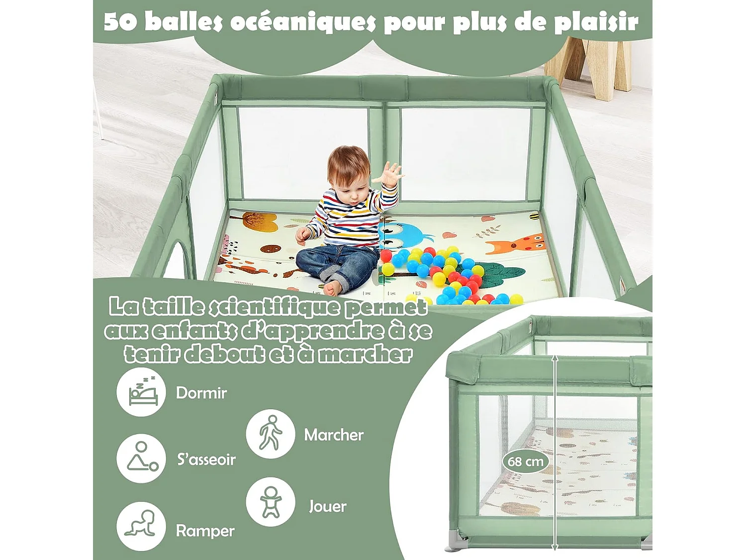 Parc Bébé en Tissu avec Tapis Antidérapant, Centre d'Activité Enfants avec Maille Respirante, 50 Boules, Sac de Transport Intérieur Extérieur pour Bébé 0-3 Ans Vert
