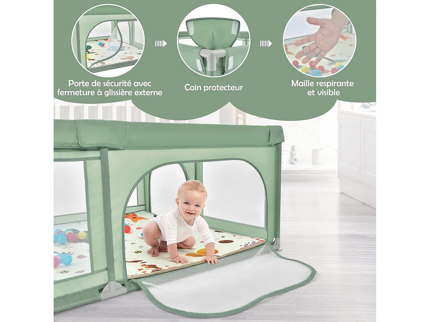 Parc Bébé en Tissu avec Tapis Antidérapant, Centre d'Activité Enfants avec Maille Respirante, 50 Boules, Sac de Transport Intérieur Extérieur pour Bébé 0-3 Ans Vert