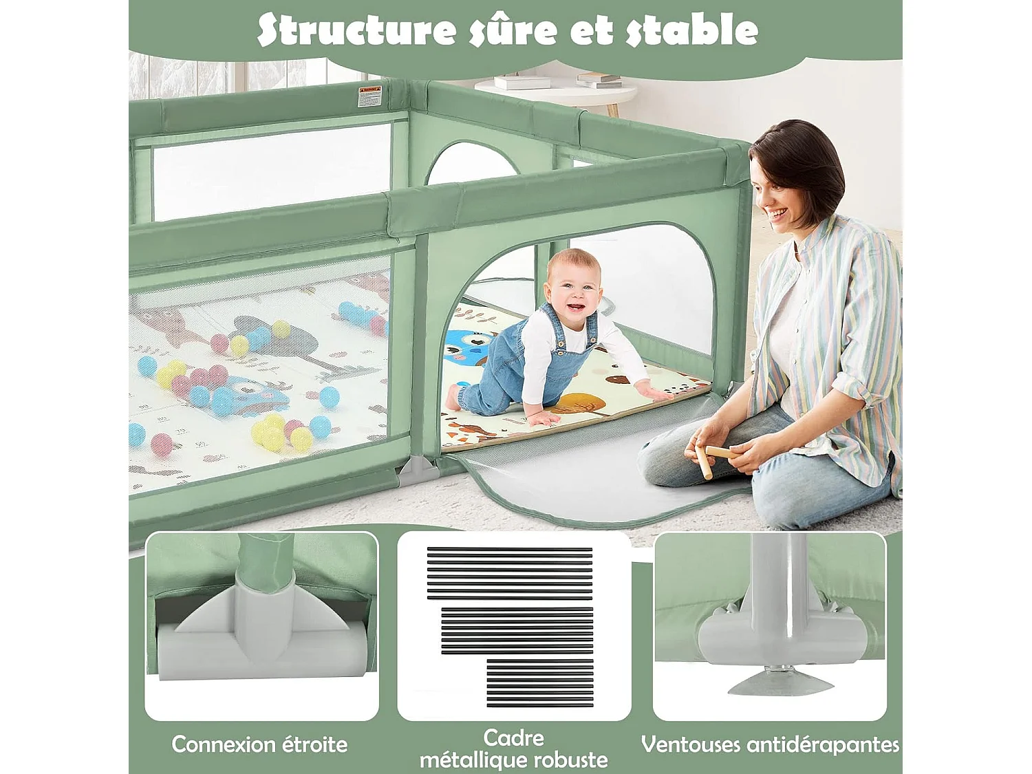 Parc Bébé en Tissu avec Tapis Antidérapant, Centre d'Activité Enfants avec Maille Respirante, 50 Boules, Sac de Transport Intérieur Extérieur pour Bébé 0-3 Ans Vert