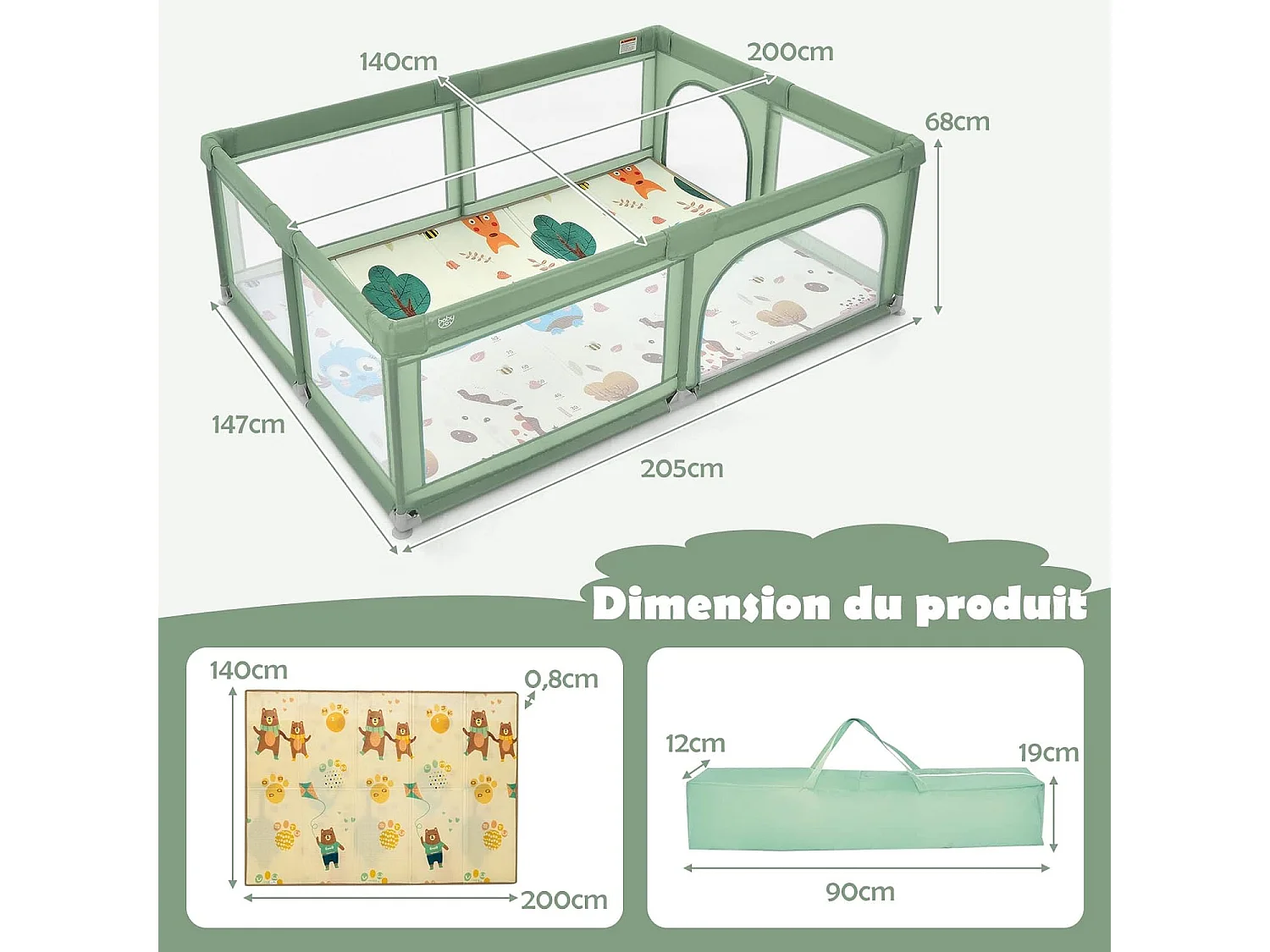 Parc Bébé en Tissu avec Tapis Antidérapant, Centre d'Activité Enfants avec Maille Respirante, 50 Boules, Sac de Transport Intérieur Extérieur pour Bébé 0-3 Ans Vert