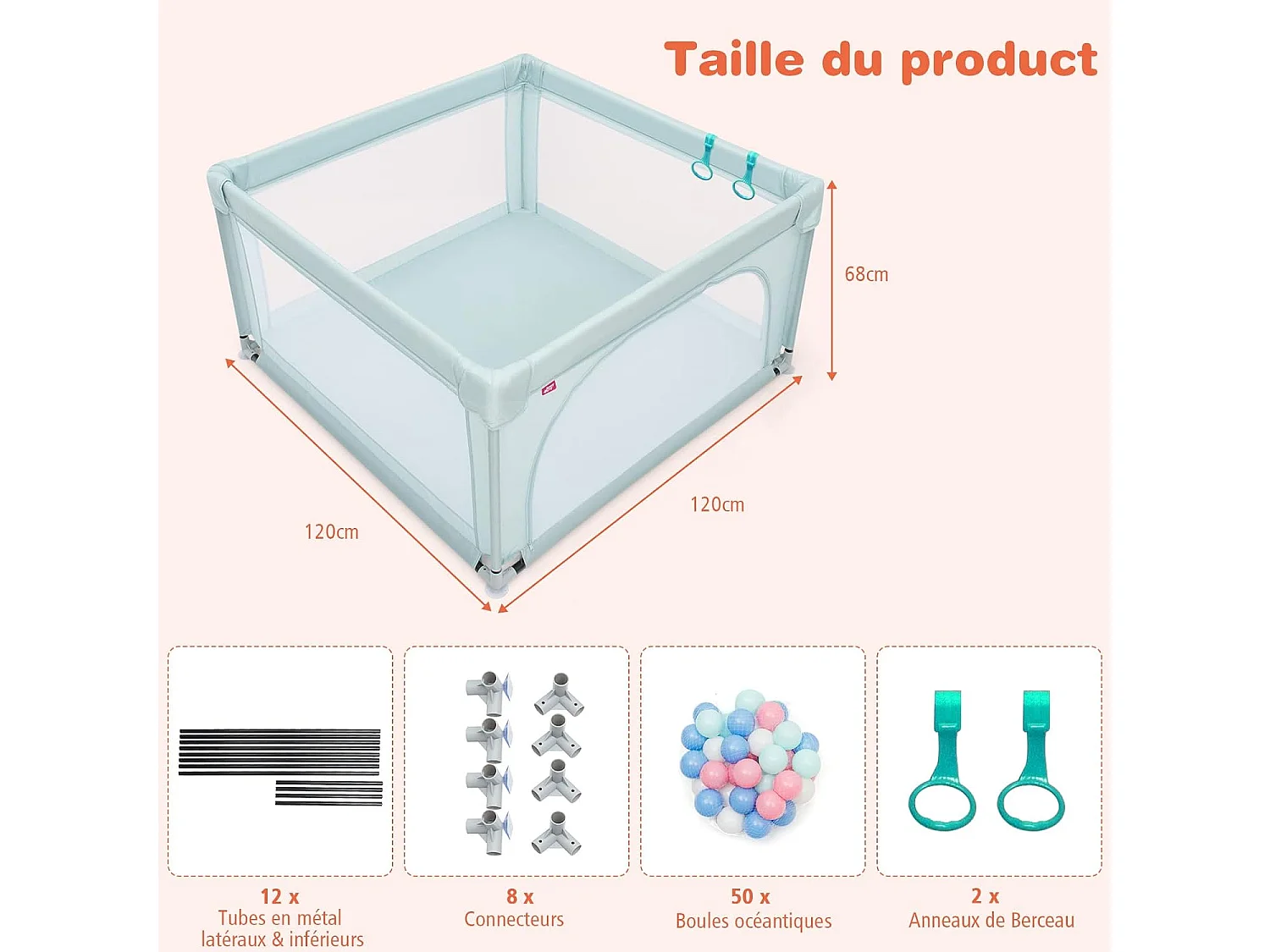 Parc Bébé en Tissu avec Tapis Antidérapant, Centre d'Activité Enfants avec Maille Respirante, 50 Boules, Sac de Transport Intérieur Extérieur pour Bébé 0-3 Ans Gris