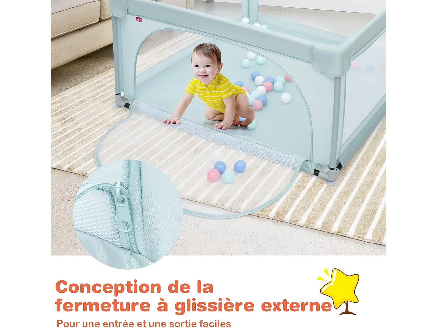Parc Bébé en Tissu avec Tapis Antidérapant, Centre d'Activité Enfants avec Maille Respirante, 50 Boules, Sac de Transport Intérieur Extérieur pour Bébé 0-3 Ans Gris