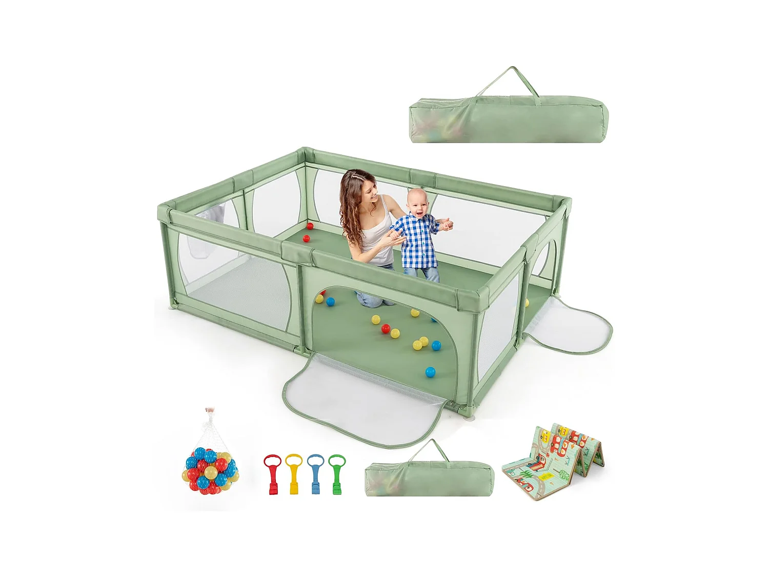 Parc pour Bébé avec 50 Balles Océaniques, avec Maille Respirante, Centre d'Activités avec Base Antidérapante et Porte à Fermeture Eclair, 206×147×68,5CM (Vert)
