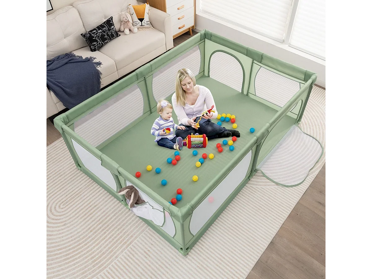 Parc pour Bébé avec 50 Balles Océaniques, avec Maille Respirante, Centre d'Activités avec Base Antidérapante et Porte à Fermeture Eclair, 206×147×68,5CM (Vert)