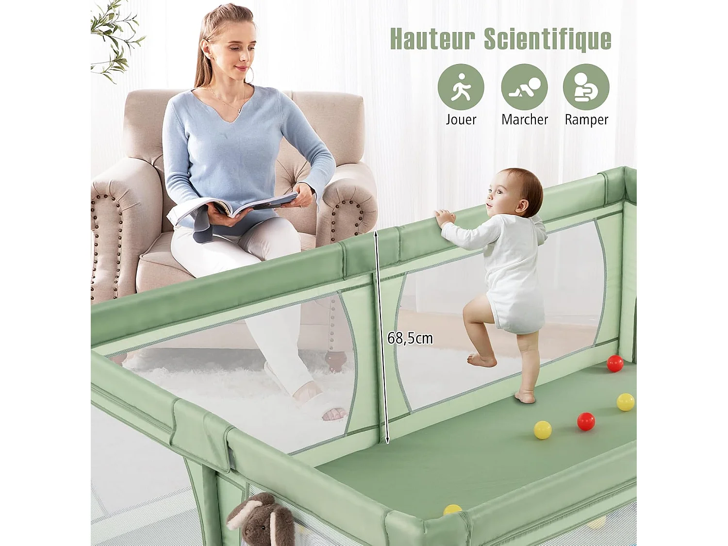 Parc pour Bébé avec 50 Balles Océaniques, avec Maille Respirante, Centre d'Activités avec Base Antidérapante et Porte à Fermeture Eclair, 206×147×68,5CM (Vert)