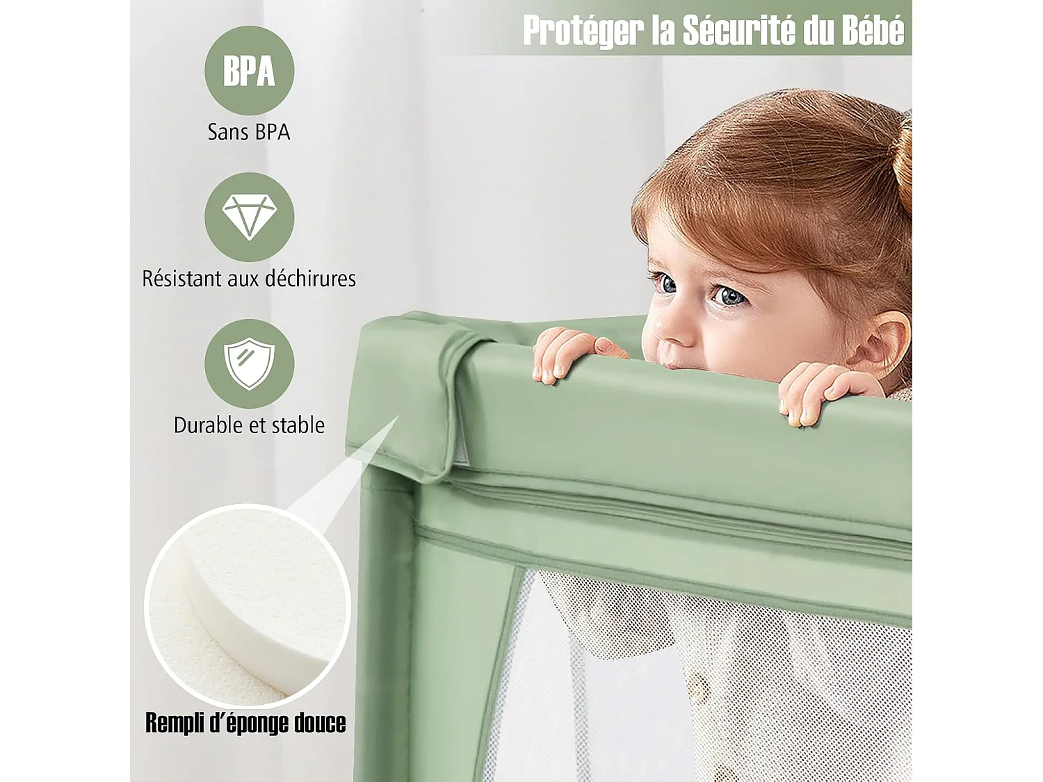 Parc pour Bébé avec 50 Balles Océaniques, avec Maille Respirante, Centre d'Activités avec Base Antidérapante et Porte à Fermeture Eclair, 206×147×68,5CM (Vert)