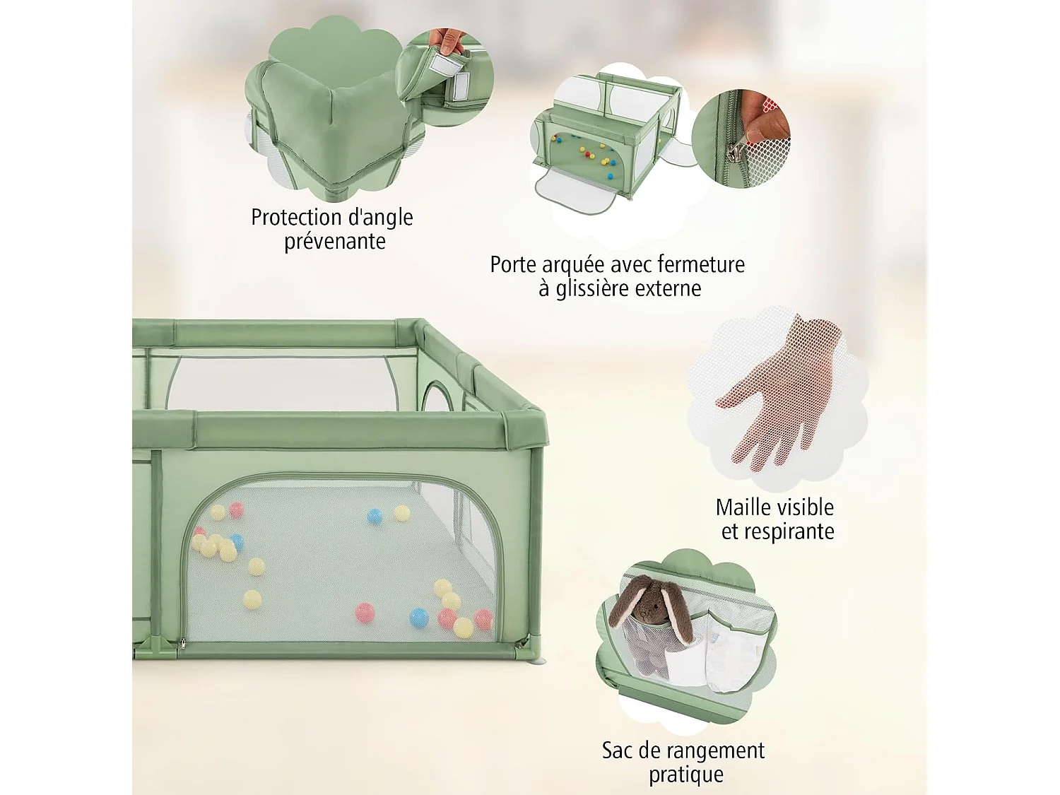 Parc pour Bébé avec 50 Balles Océaniques, avec Maille Respirante, Centre d'Activités avec Base Antidérapante et Porte à Fermeture Eclair, 206×147×68,5CM (Vert)