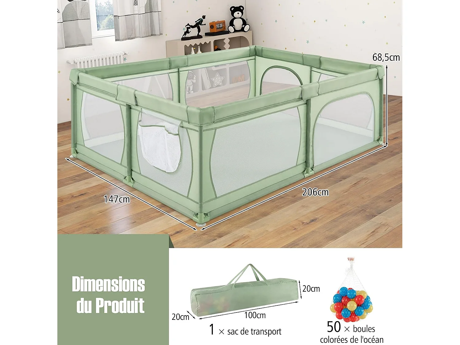 Parc pour Bébé avec 50 Balles Océaniques, avec Maille Respirante, Centre d'Activités avec Base Antidérapante et Porte à Fermeture Eclair, 206×147×68,5CM (Vert)