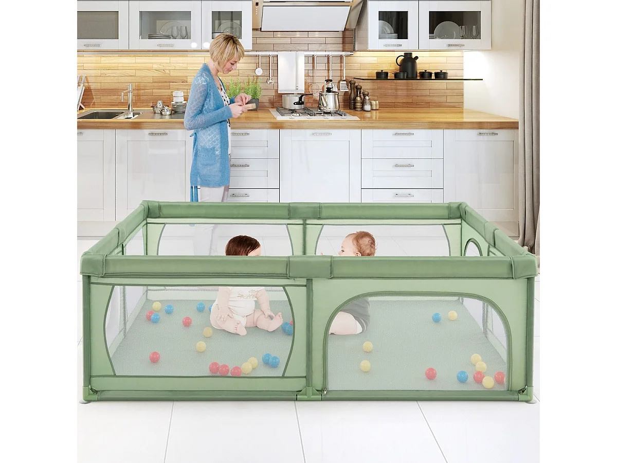 Parc pour Bébé avec 50 Balles Océaniques, avec Maille Respirante, Centre d'Activités avec Base Antidérapante et Porte à Fermeture Eclair, 206×147×68,5CM (Vert)