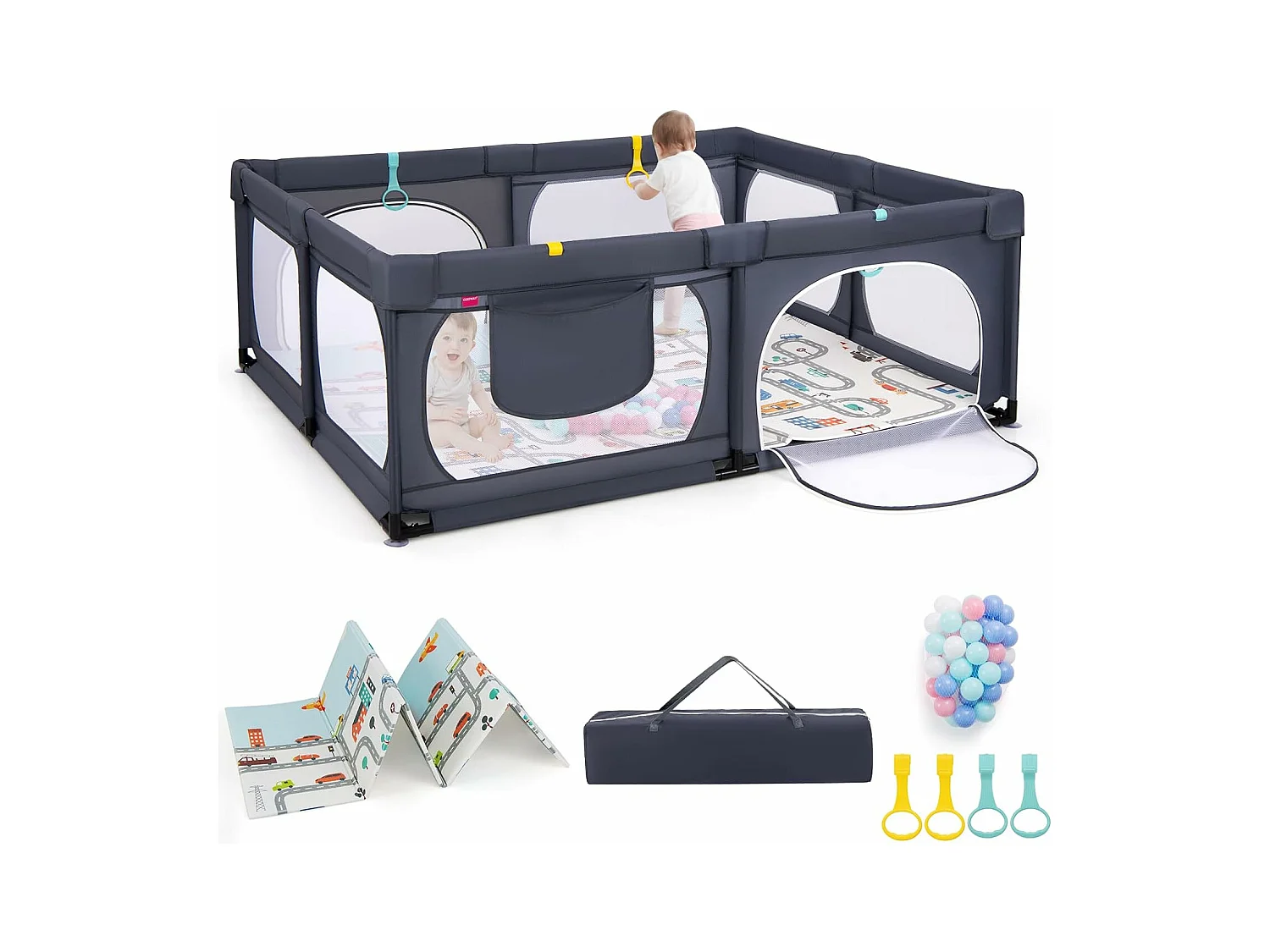 Grand Parc pour Bébé avec 50 Balles Océaniques, Clôture pour Tout-Petits avec 4 Anneaux à Main, Centre d'Activités pour Bébé avec Tapis Pliable, 189 x 158 x 68 CM (Gris Foncé)