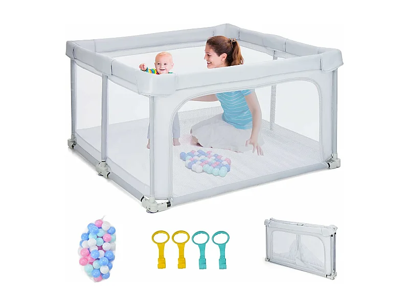 Parc Bébé Pliable 124 x124cm avec Hauteur Scientifique 70cm, Parc de Jeux en Tissu Oxford avec Maille Respirante, 50 Balles Océaniques, 4 Poignées  (Gris clair)