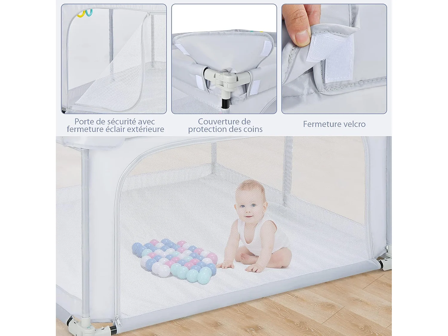 Parc Bébé Pliable 124 x124cm avec Hauteur Scientifique 70cm, Parc de Jeux en Tissu Oxford avec Maille Respirante, 50 Balles Océaniques, 4 Poignées  (Gris clair)