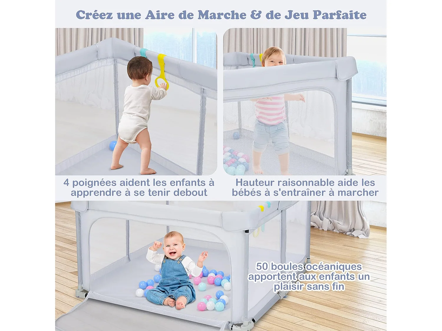 Parc Bébé Pliable 124 x124cm avec Hauteur Scientifique 70cm, Parc de Jeux en Tissu Oxford avec Maille Respirante, 50 Balles Océaniques, 4 Poignées  (Gris clair)