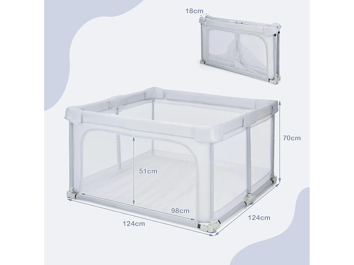 Parc Bébé Pliable 124 x124cm avec Hauteur Scientifique 70cm, Parc de Jeux en Tissu Oxford avec Maille Respirante, 50 Balles Océaniques, 4 Poignées  (Gris clair)