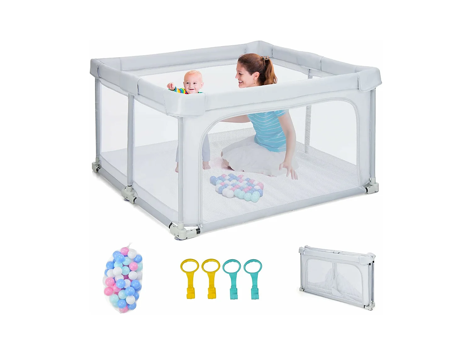 Parc Bébé Pliable 124 x124cm avec Hauteur Scientifique 70cm, Parc de Jeux en Tissu Oxford avec Maille Respirante, 50 Balles Océaniques, 4 Poignées  (Gris clair)